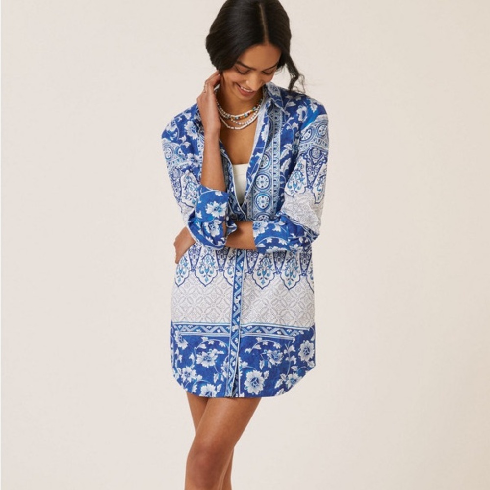 Anthropologie Blue and White Patterned Swim Cover-Up
